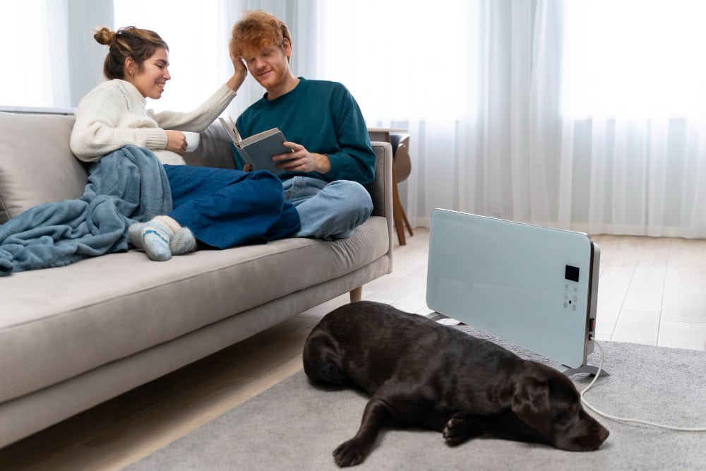 family in cold room with dog by the heater