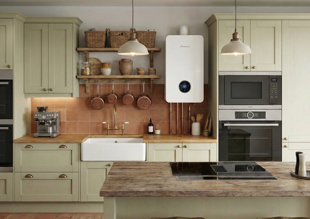 Modern UK kitchen with wall-mounted energy-efficient boiler and integrated appliances