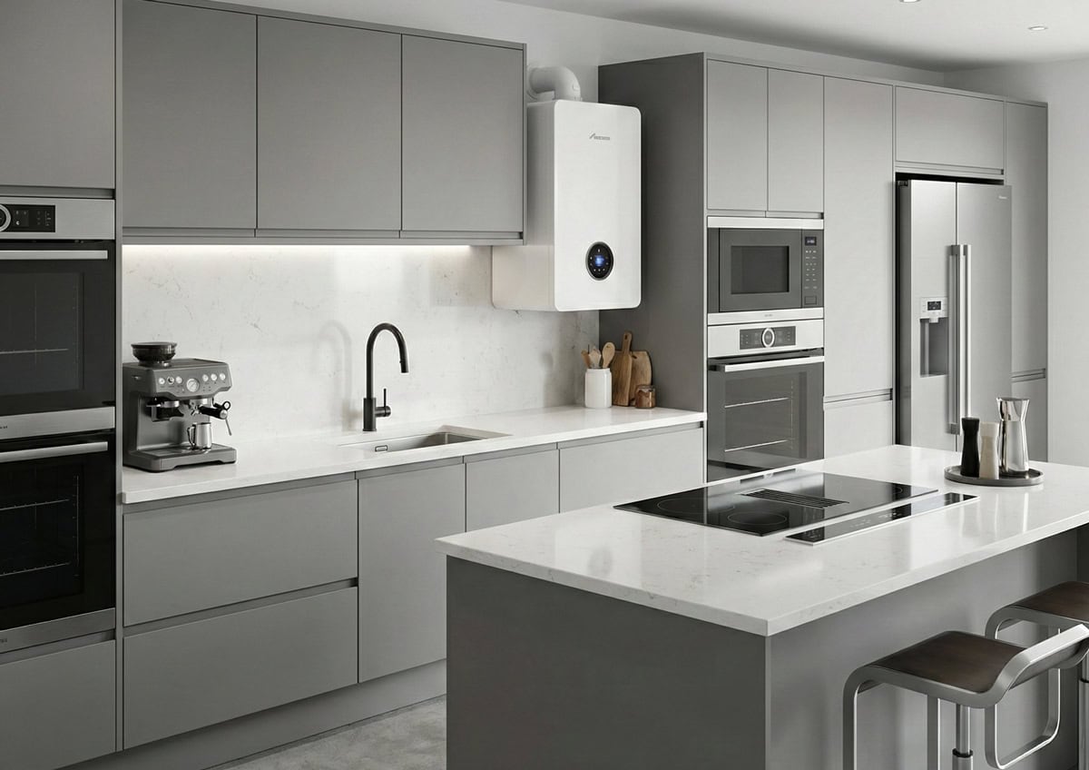 Wall-mounted energy-efficient boiler installed in a modern UK kitchen